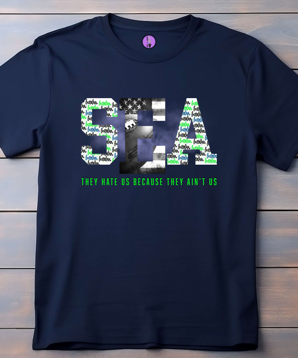 Seattle Football Hate Us Aint Us short sleeve unisex T-shirt by Press It Tees, featuring bold text design on a casual clothing shirt.