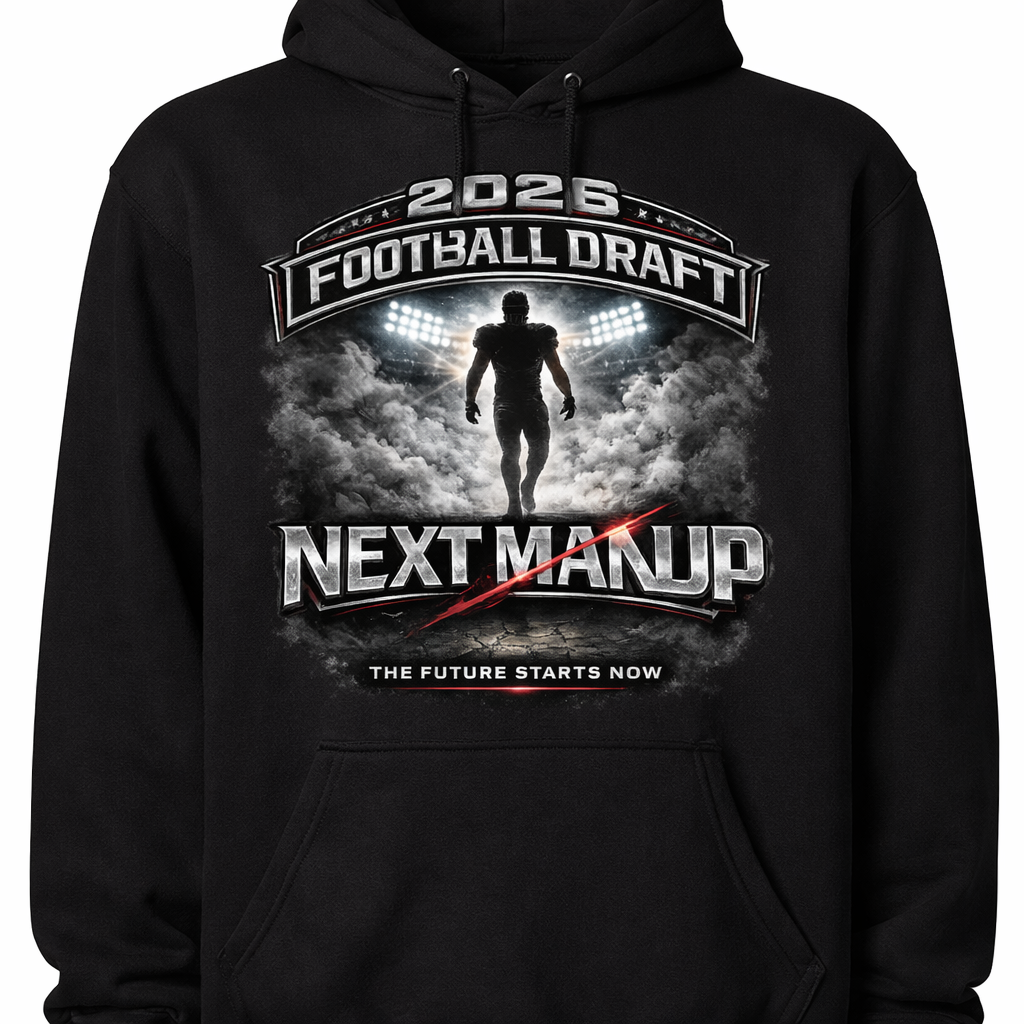 Unisex black hoodie from the 2026 Draft Next Man Up collection by Press It Tees, featuring a comfortable fit and stylish design.