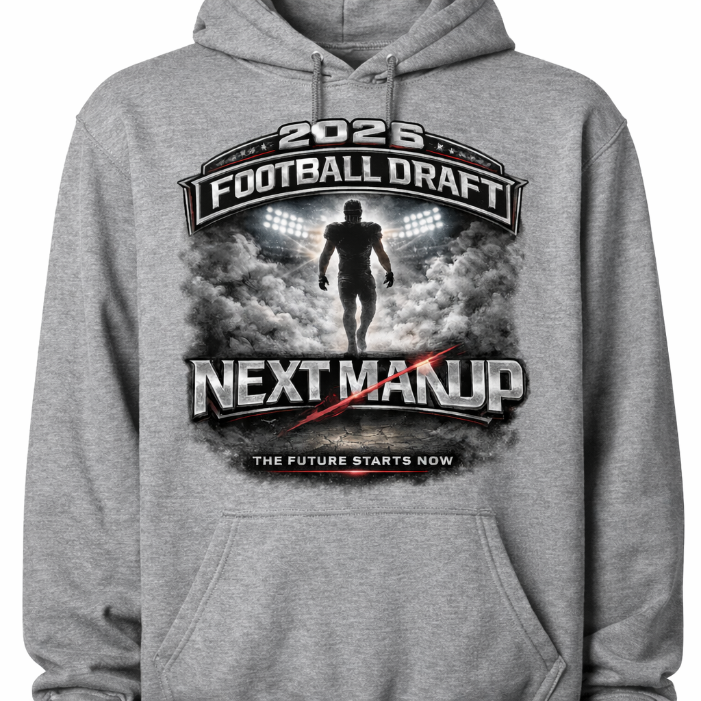 Gray unisex 2026 Draft Next Man Up hoodie by Press It Tees, featuring a comfortable fit and sporty design.