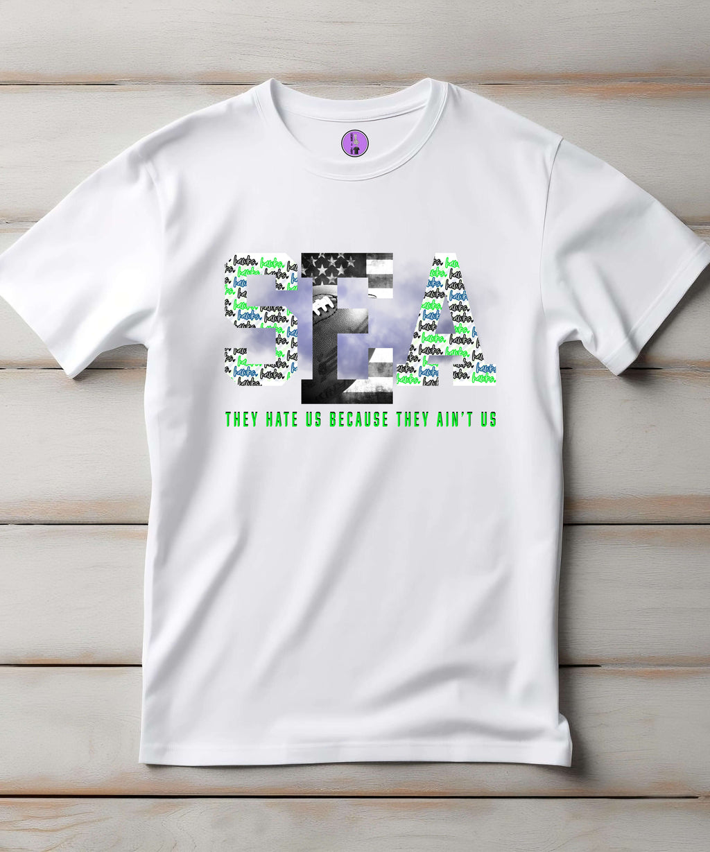 Unisex Seattle Football Hate Us Aint Us short sleeve T-shirt by Press It Tees, featuring bold football-themed graphic on white fabric.