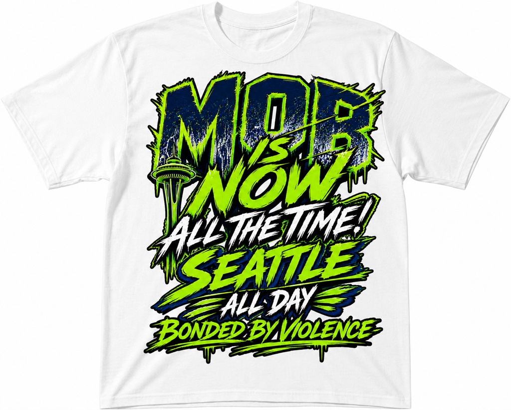 White MOB is Now unisex T-shirt or hoodie by Press It Tees, featuring bold black text on a casual clothing item.