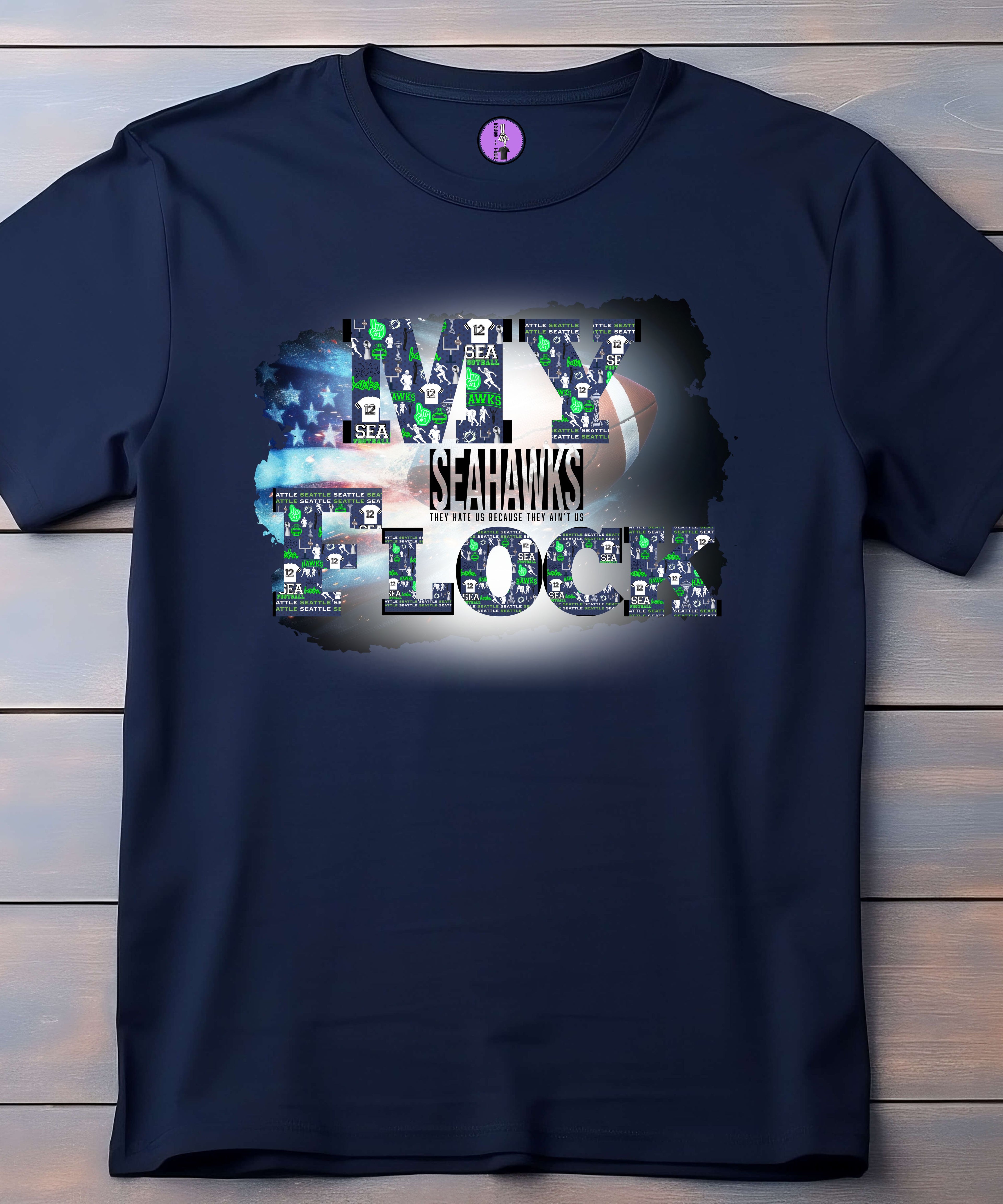 Seattle Football My Flock unisex short sleeve T-shirt by Press It Tees, featuring a casual design with football-themed graphics.