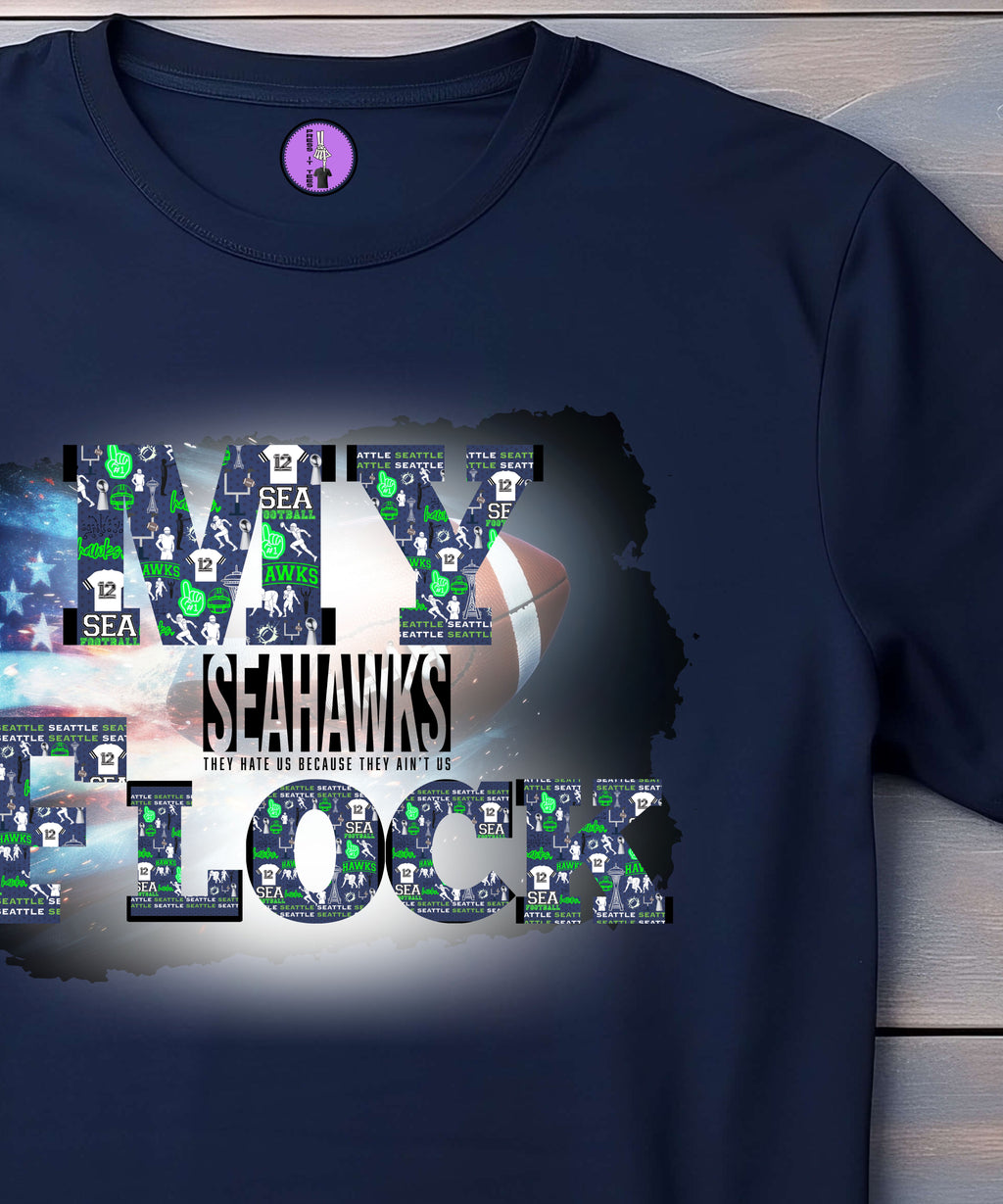 Unisex Seattle Football My Flock short sleeve T-shirt with a colorful flock design, made by Press It Tees.