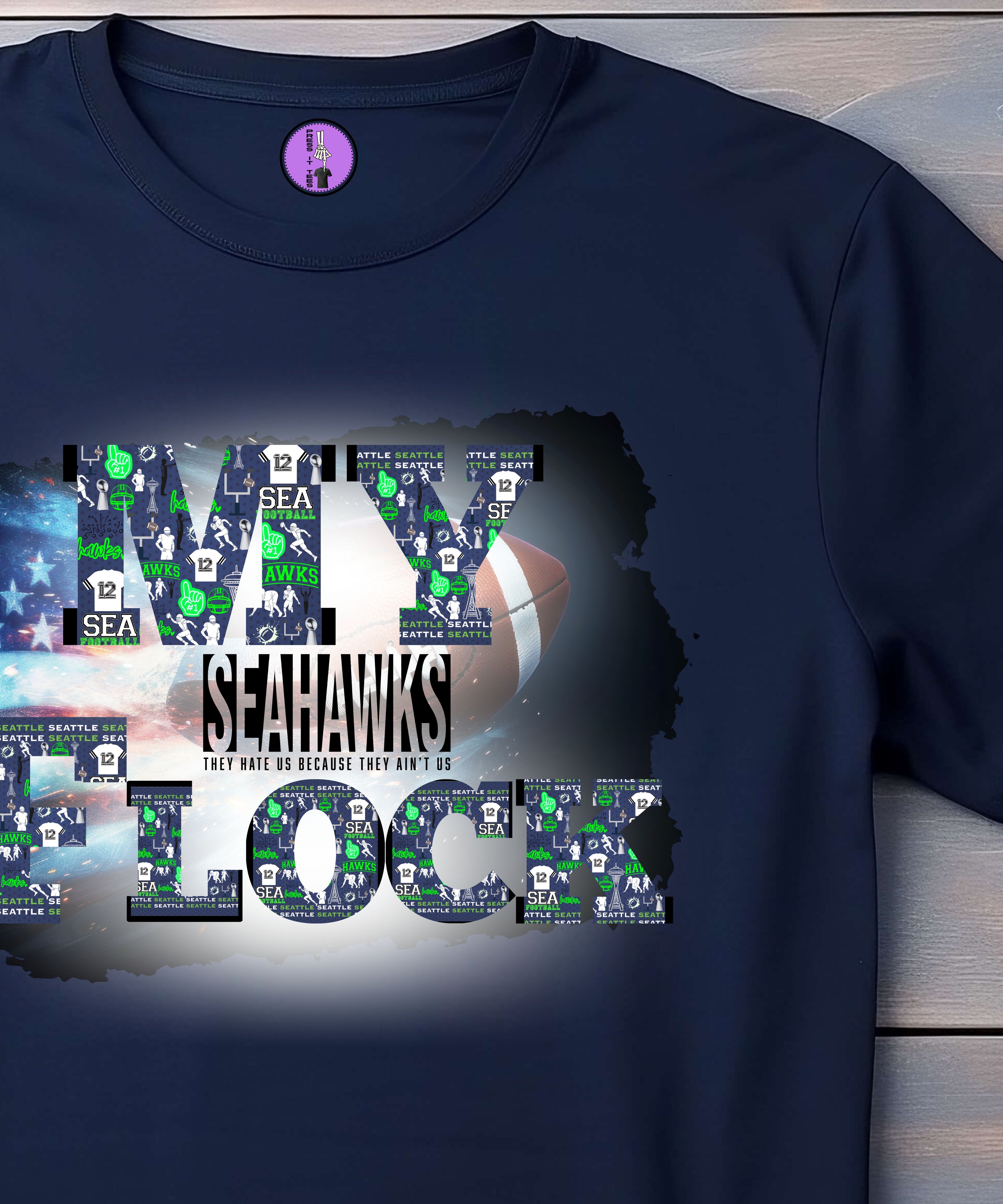 Unisex Seattle Football My Flock short sleeve T-shirt with a colorful flock design, made by Press It Tees.
