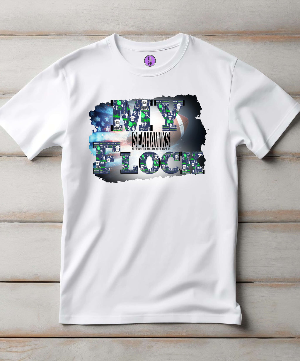 Unisex Seattle Football My Flock short sleeve T-shirt by Press It Tees featuring team logo and design on white fabric.