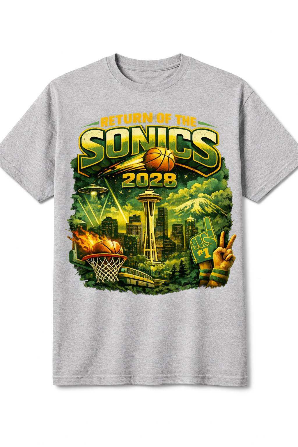 Gray athletic unisex T-shirt from Press It Tees featuring the Return of the Sonics design, short sleeve casual clothing.