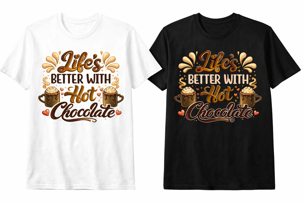 Black and white unisex t-shirt featuring "Life's Better with Hot Chocolate" print from Press It Tees.
