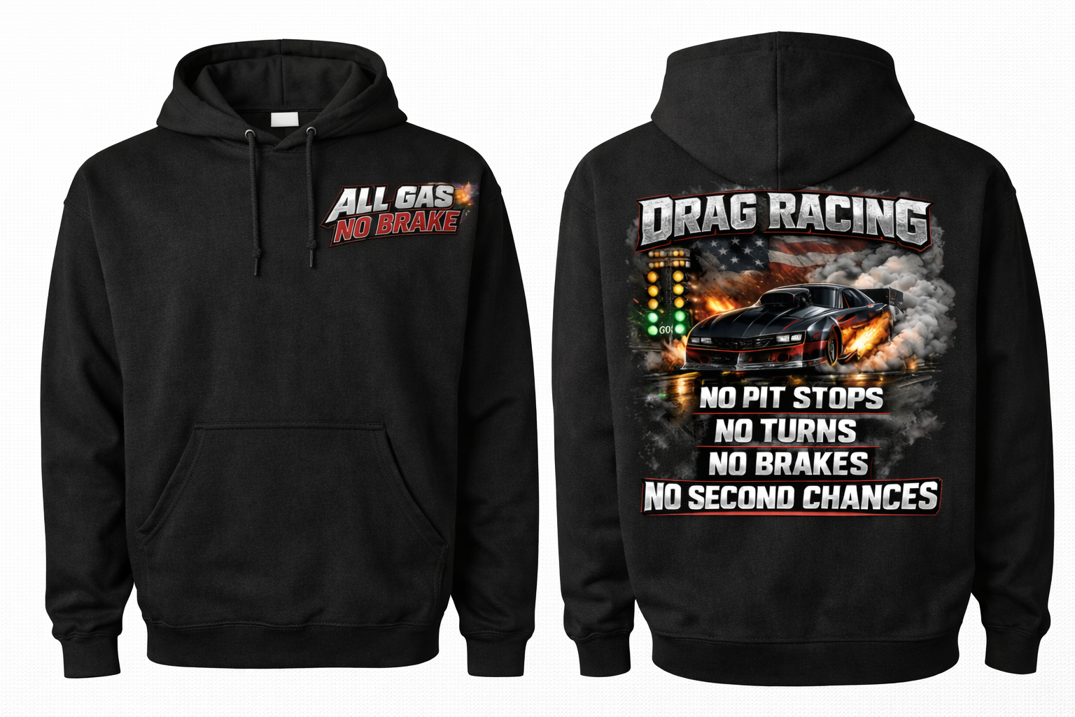 Black unisex hoodie featuring Drag Race No Pit Front/Back design by Press It Tees, casual clothing with bold graphic print.