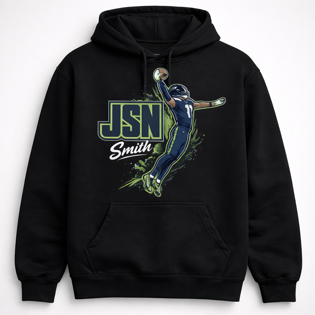 Black JSN Football unisex hoodie by Press It Tees, featuring a comfortable one-sided hoodie design for casual wear.