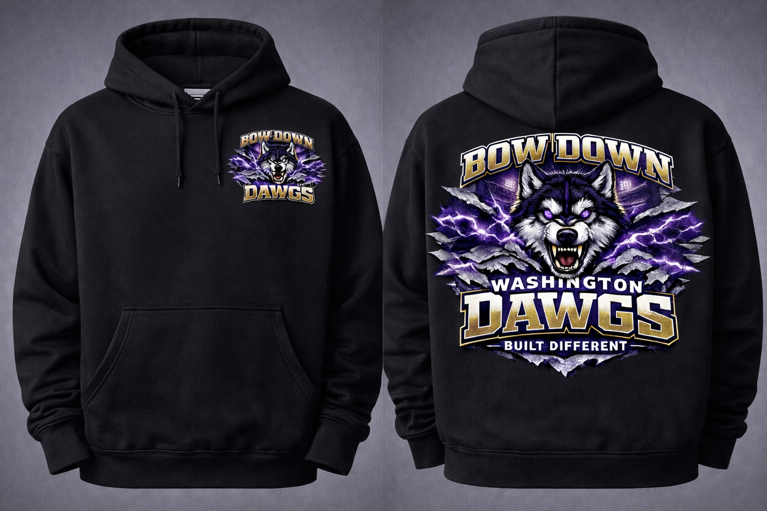 Black unisex hoodie from Press It Tees featuring a Bow Down Huskies front and back design, soft fabric with a relaxed fit.