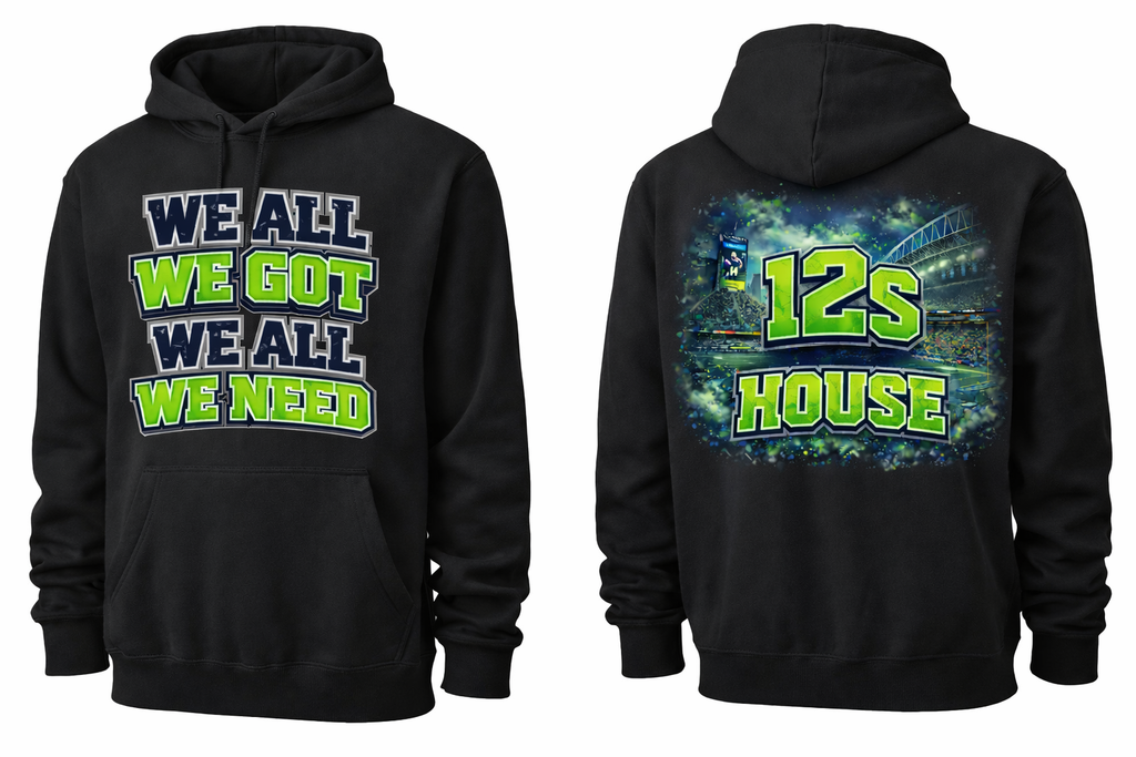 Black unisex hoodie with "We All We Got" front and back print, casual clothing by Press It Tees.