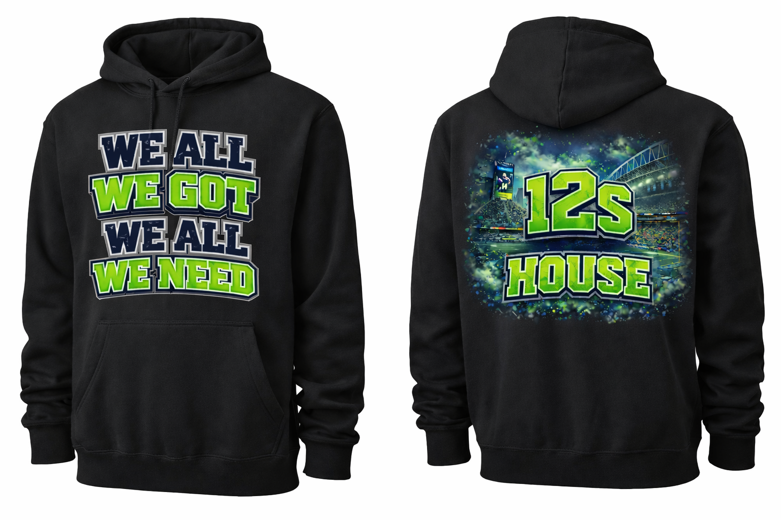 Black unisex hoodie with "We All We Got" front and back print, casual clothing by Press It Tees.