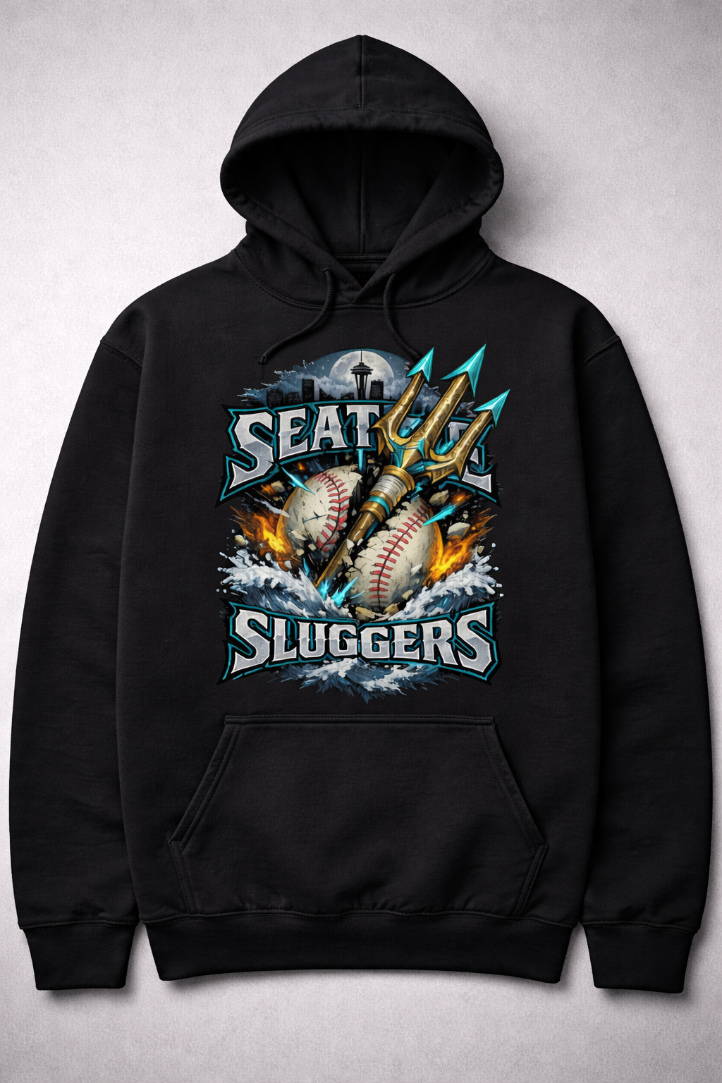 Black Seattle Sluggers unisex hoodie by Press It Tees, featuring a front graphic design and a comfortable, casual fit.