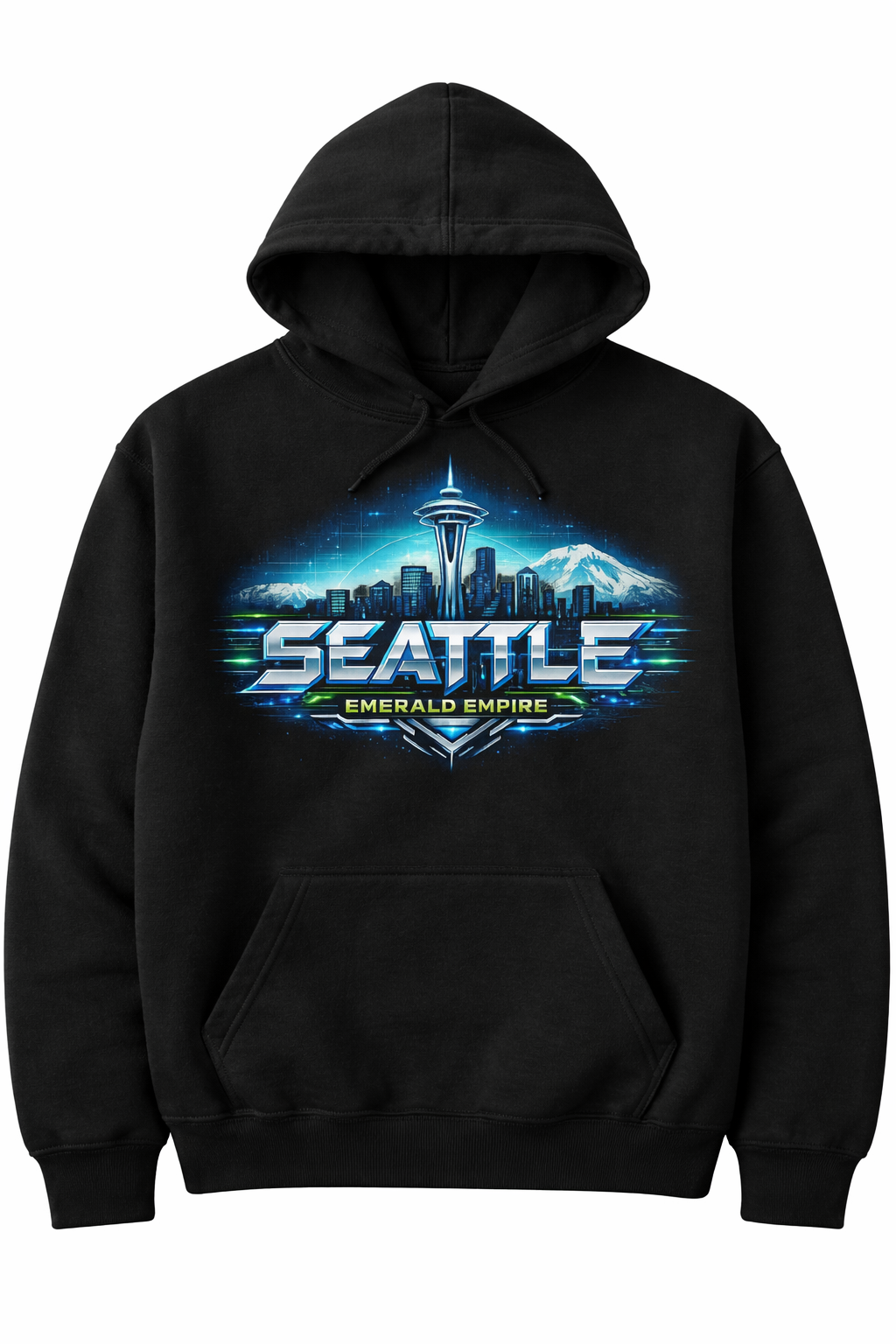 Black Seattle Empire One-sided Hoodie by Press It Tees, unisex clothing featuring a front design, cozy and stylish for casual wear.