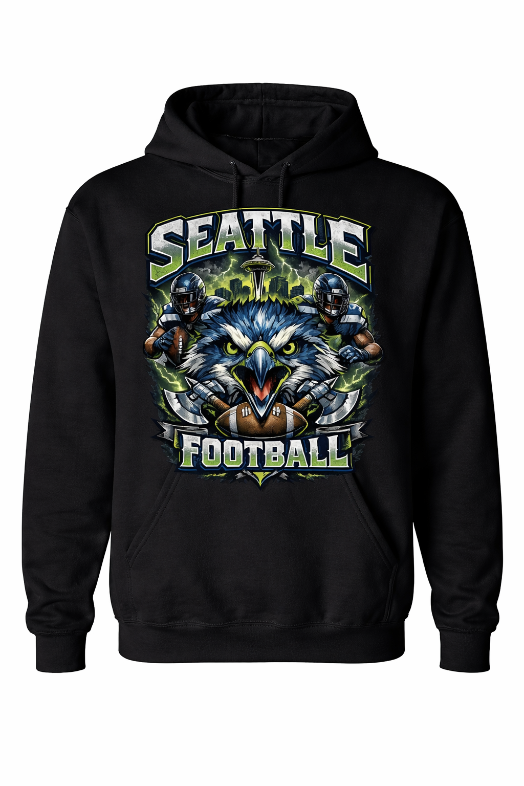 Black unisex Seattle Football hoodie from Press It Tees, featuring a one-sided design and comfortable fit.