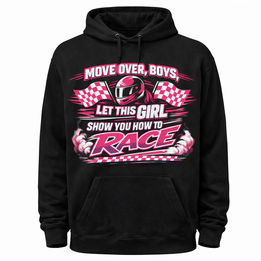 Black unisex hoodie from Press It Tees with "Move Over Boys" printed design, casual clothing perfect for everyday wear.