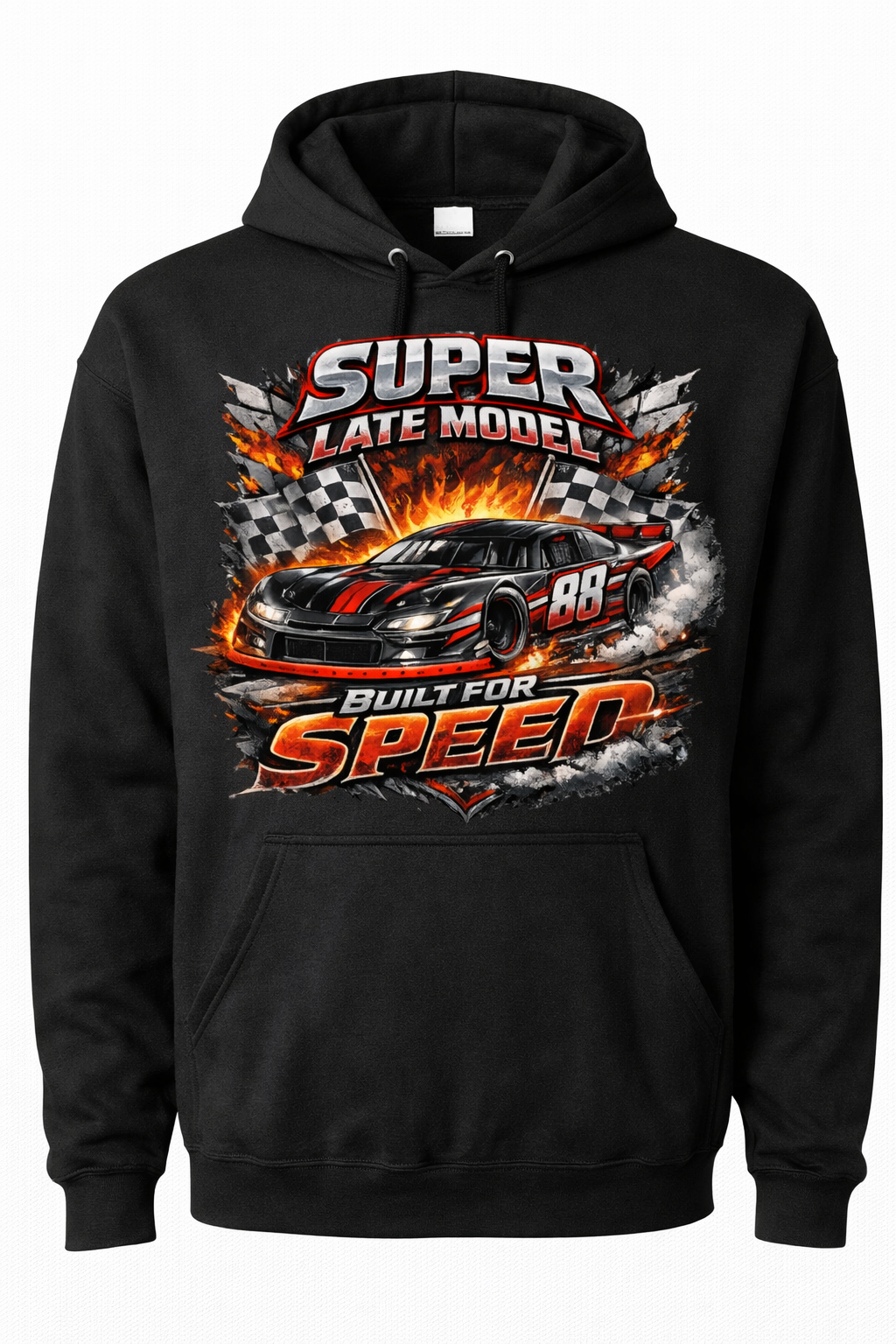 Black Super Late Model Racing hoodie for men and women, featuring racing graphics, made by Press It Tees.