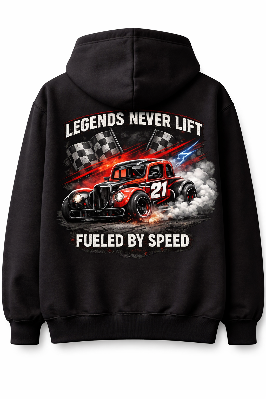 Black unisex hoodie featuring "Legends Never Lift" design on the back, from Fueled By Speed, by Press It Tees.