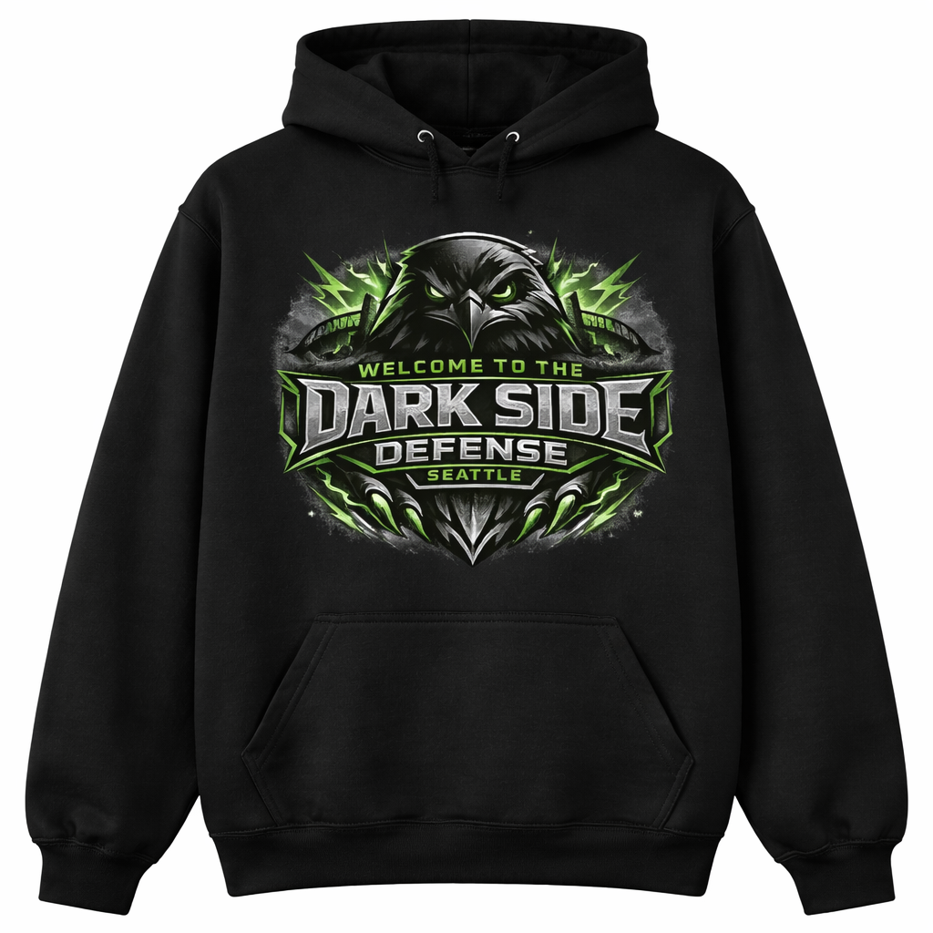 Black Defense Darkside Hoodie by Press It Tees, unisex clothing with a casual fit, shown on a hanger.