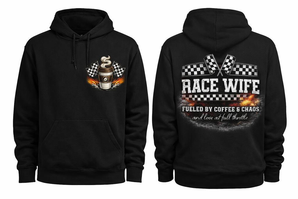 Black unisex hoodie featuring "Race Wife & Coffee" design on front and back, by Press It Tees.
