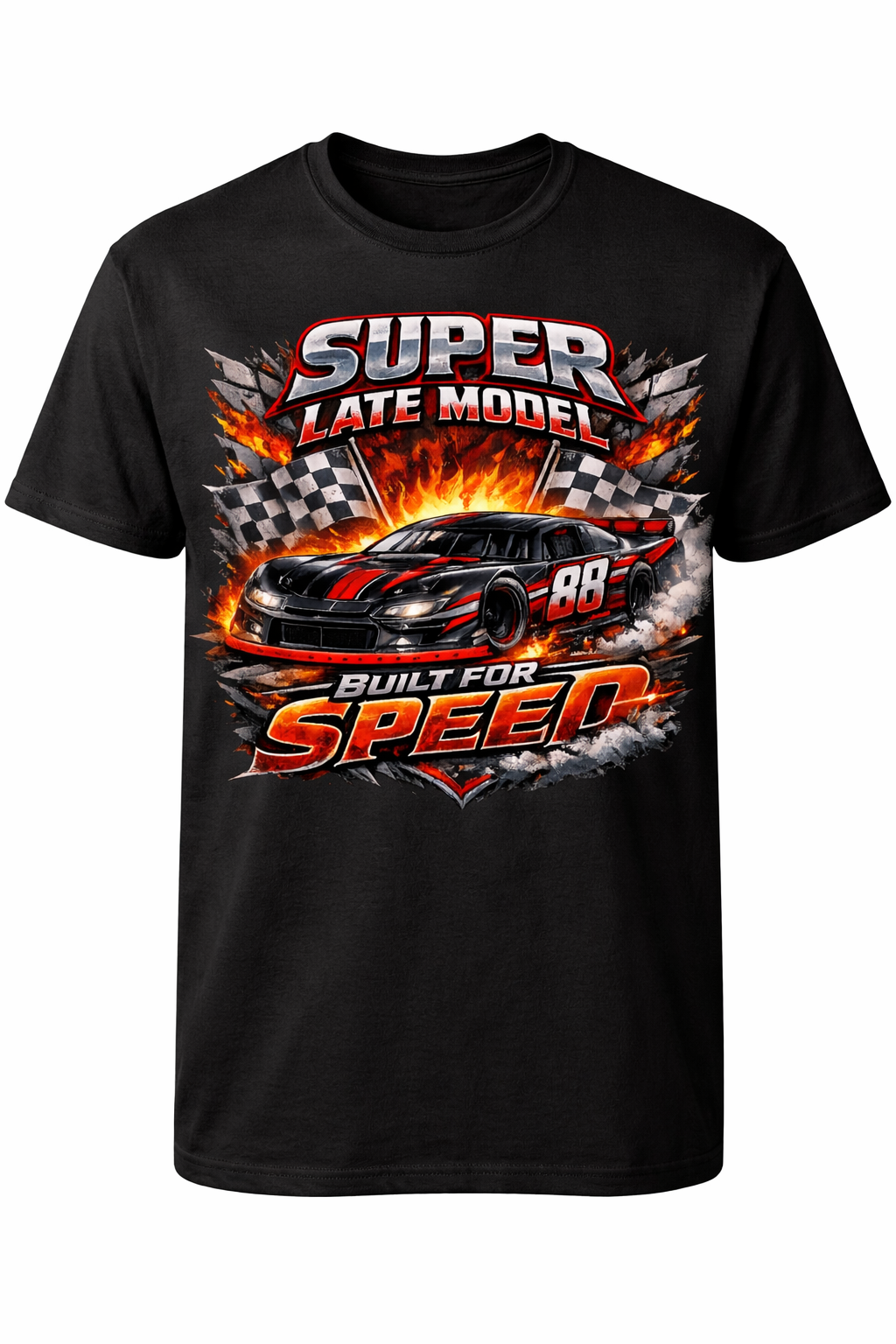 Black Super Late Model Racing T-shirt for speed enthusiasts, unisex fit, by Press It Tees, featuring racing-inspired design.
