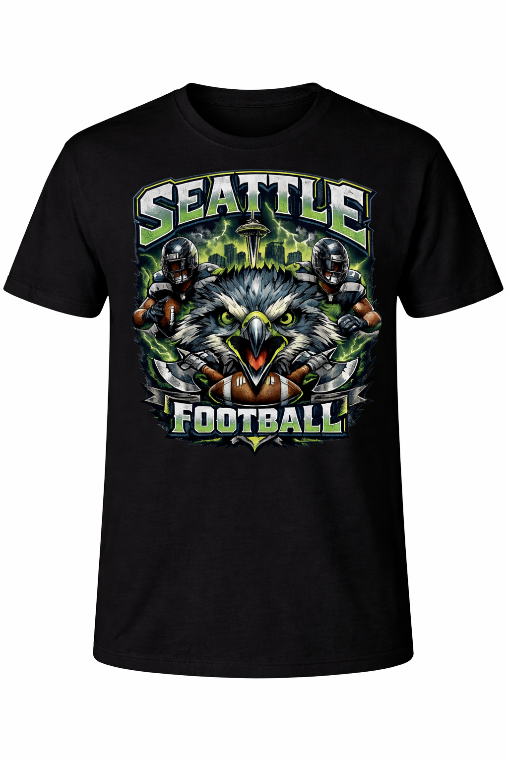 Black Seattle Football unisex short sleeve T-shirt by Press It Tees, featuring a casual fit and sports-themed design.