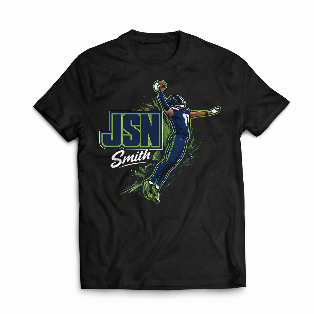 Black JSN Football Short Sleeve Unisex T-Shirt by Press It Tees, featuring a comfortable fit and casual style.