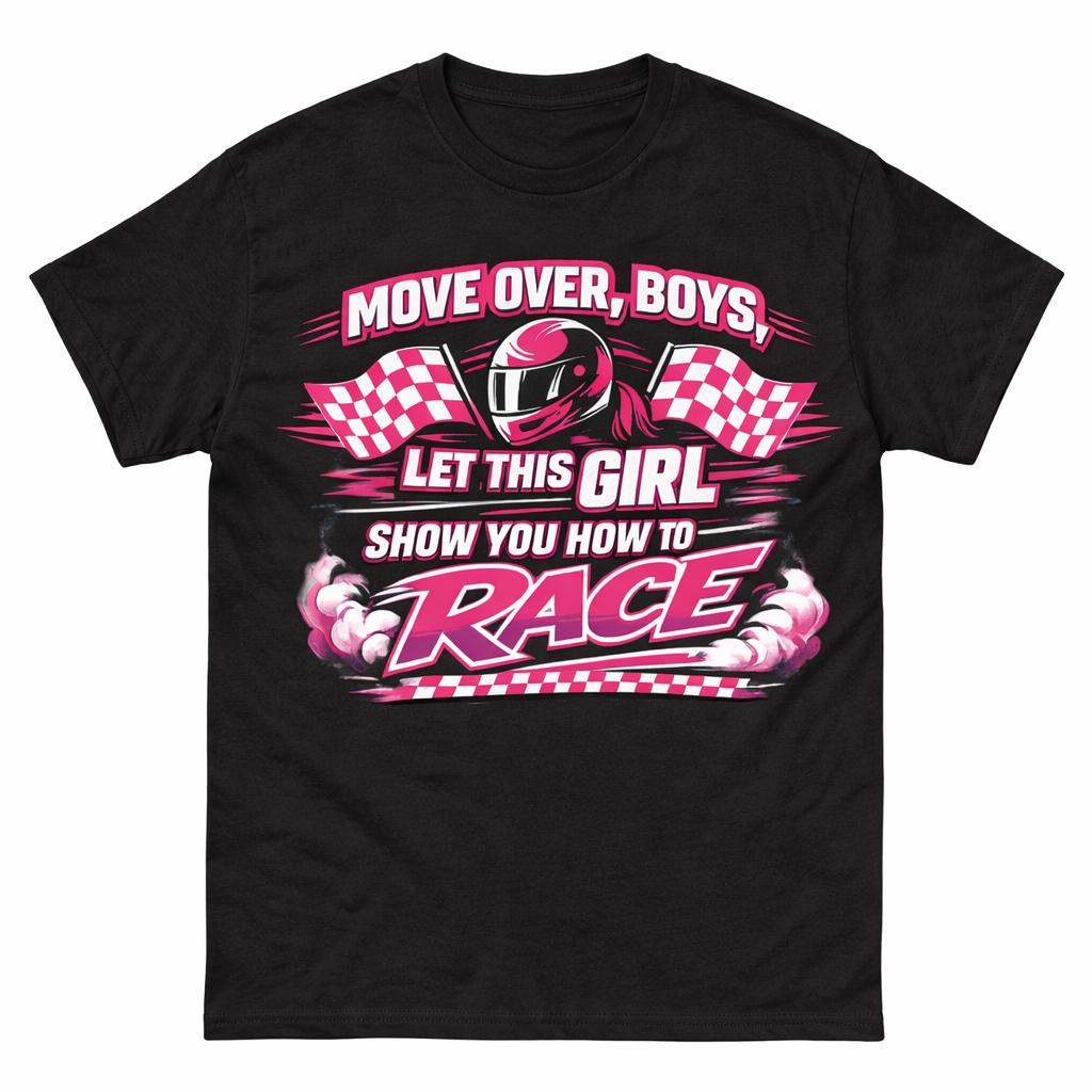 Black unisex Press It Tees "Move Over Boys" front and back short sleeve T-shirt with bold text design.