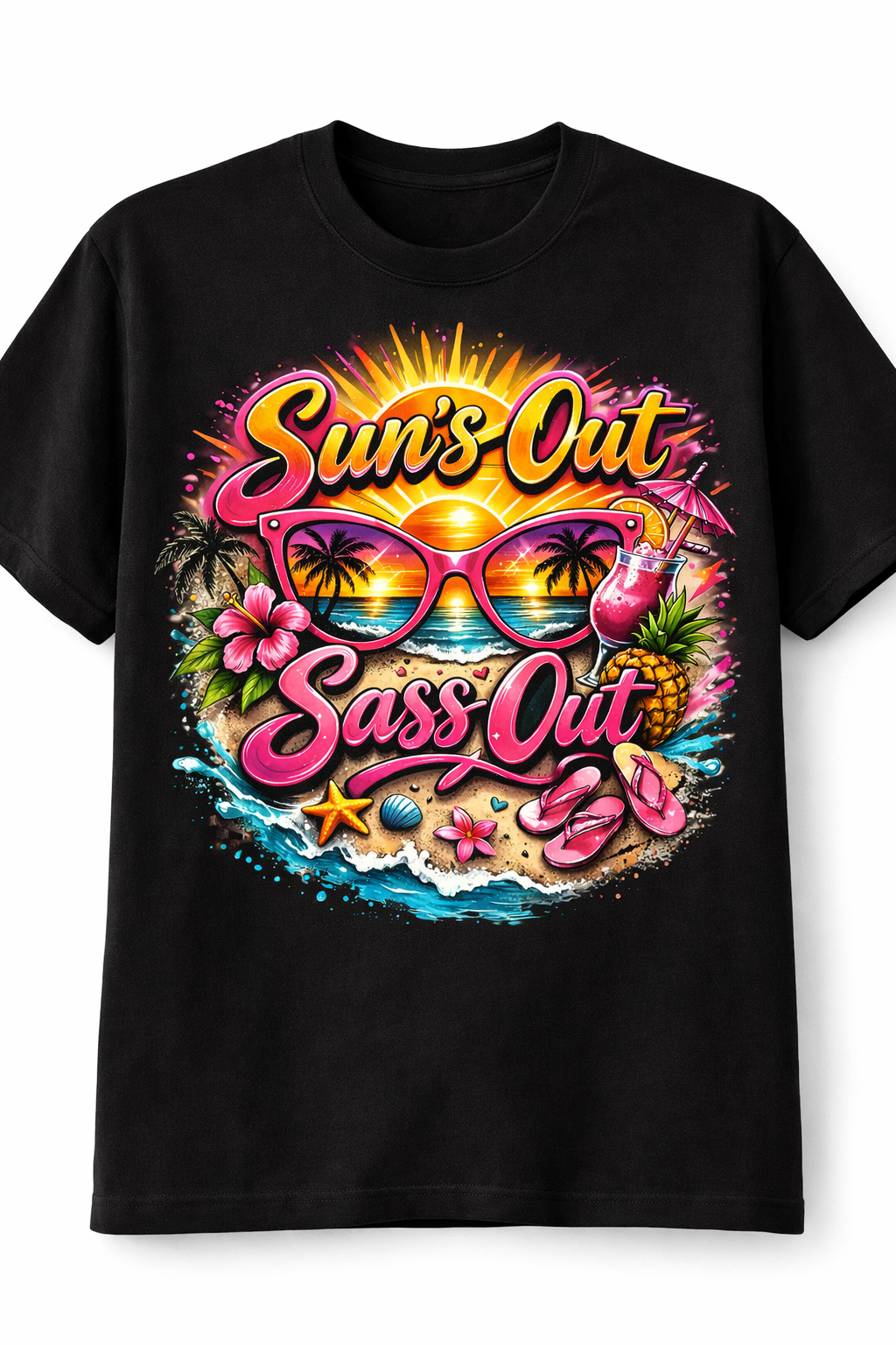 Black Suns Out Sass Out unisex short sleeve T-shirt by Press It Tees, featuring bold graphic print on the front.