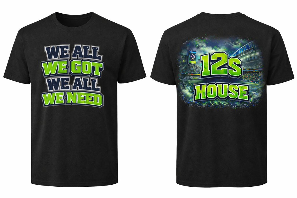Black Press It Tees 12s House We All We Got unisex short sleeve T-shirt with front and back print, casual clothing style.