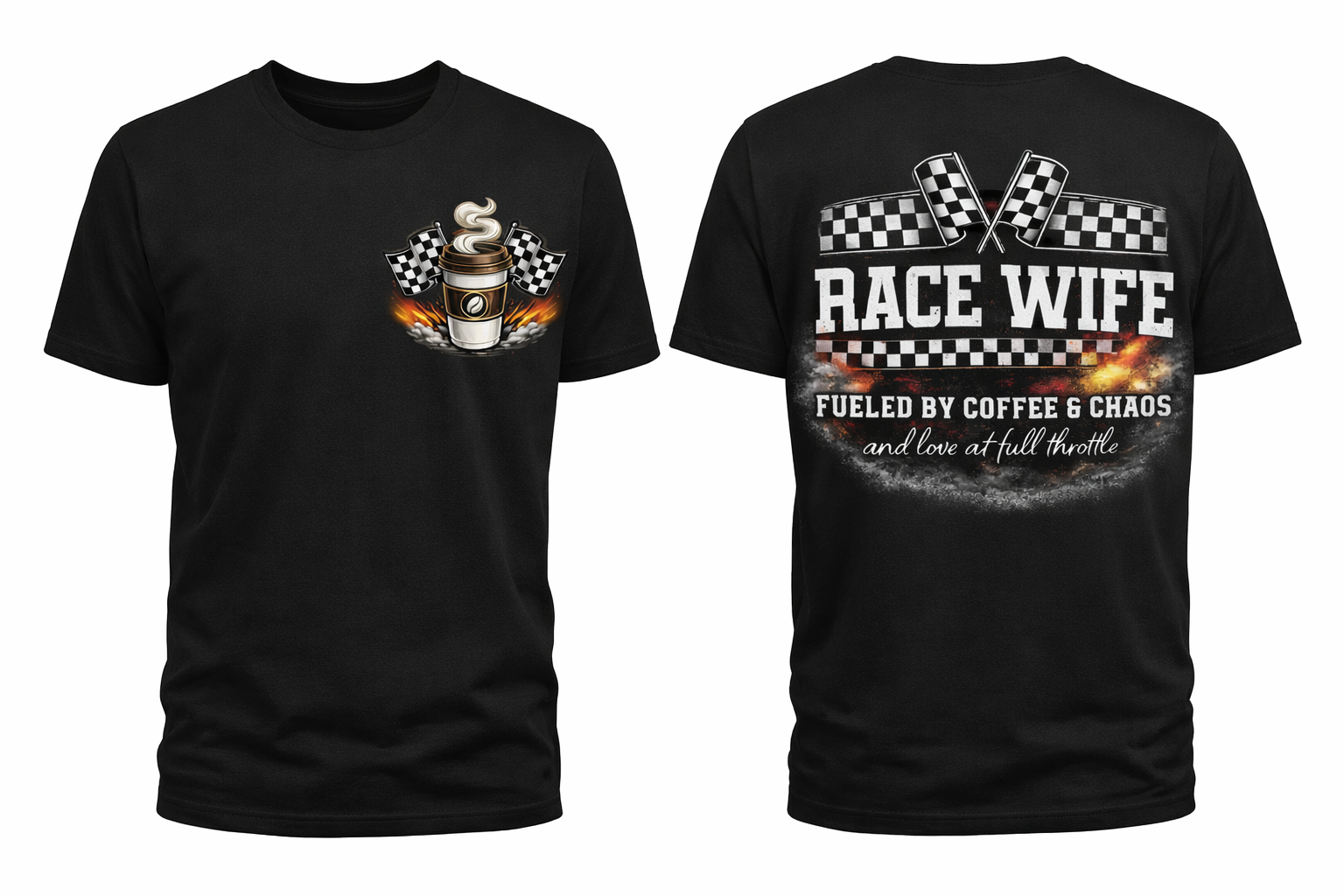 Black unisex Race Wife & Coffee short sleeve T-shirt by Press It Tees with front and back printed design.