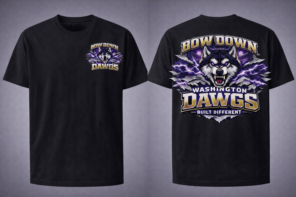 Black Bow Down Huskies unisex short sleeve T-shirt by Press It Tees featuring a front and back design, casual clothing for all.