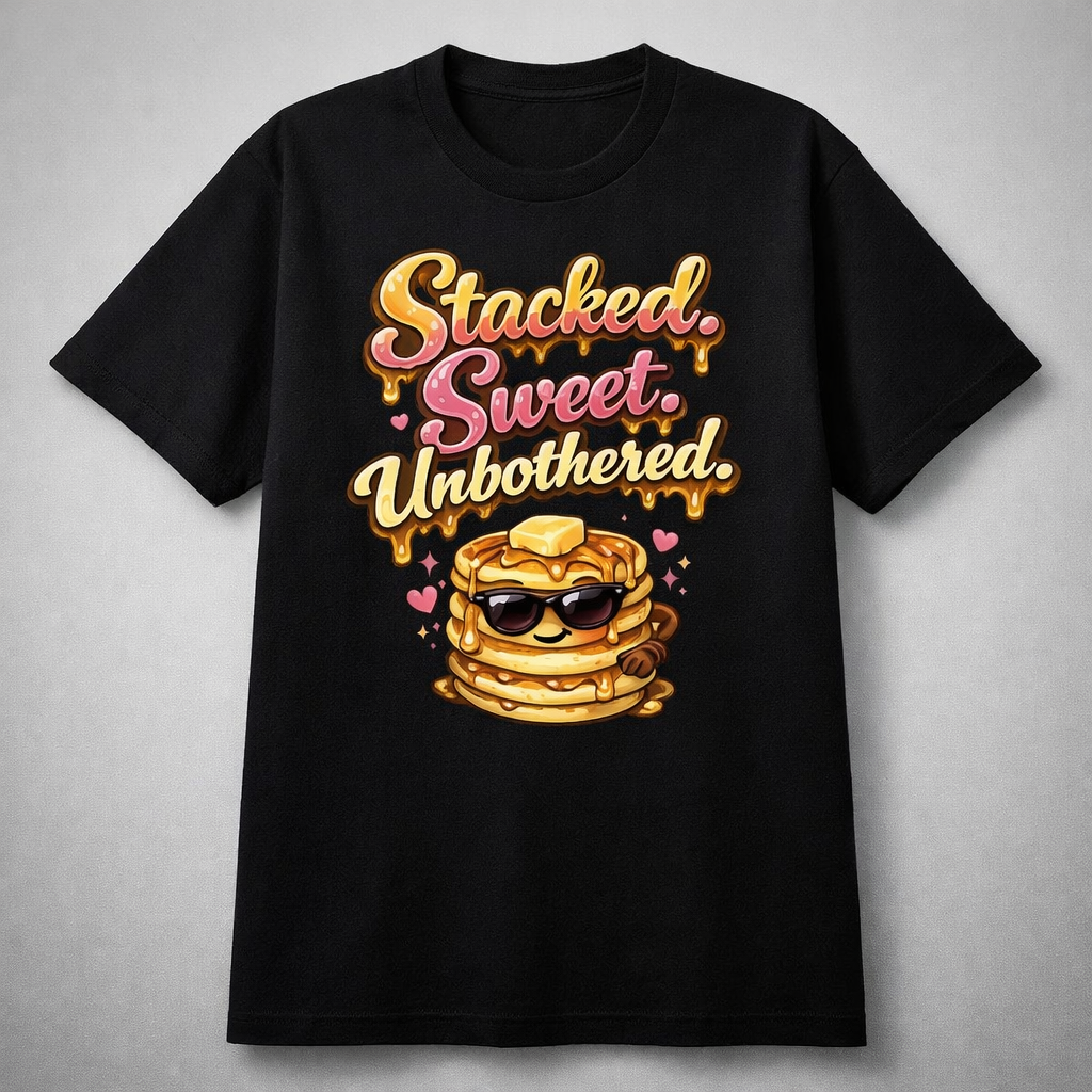 Black stacked sweet short sleeve unisex T-shirt by Press It Tees, displayed flat with visible crew neckline and short sleeves.