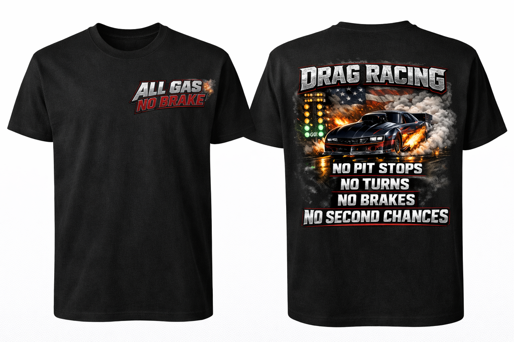 Black unisex drag racing T-shirt with front and back design, short sleeves, from Press It Tees.