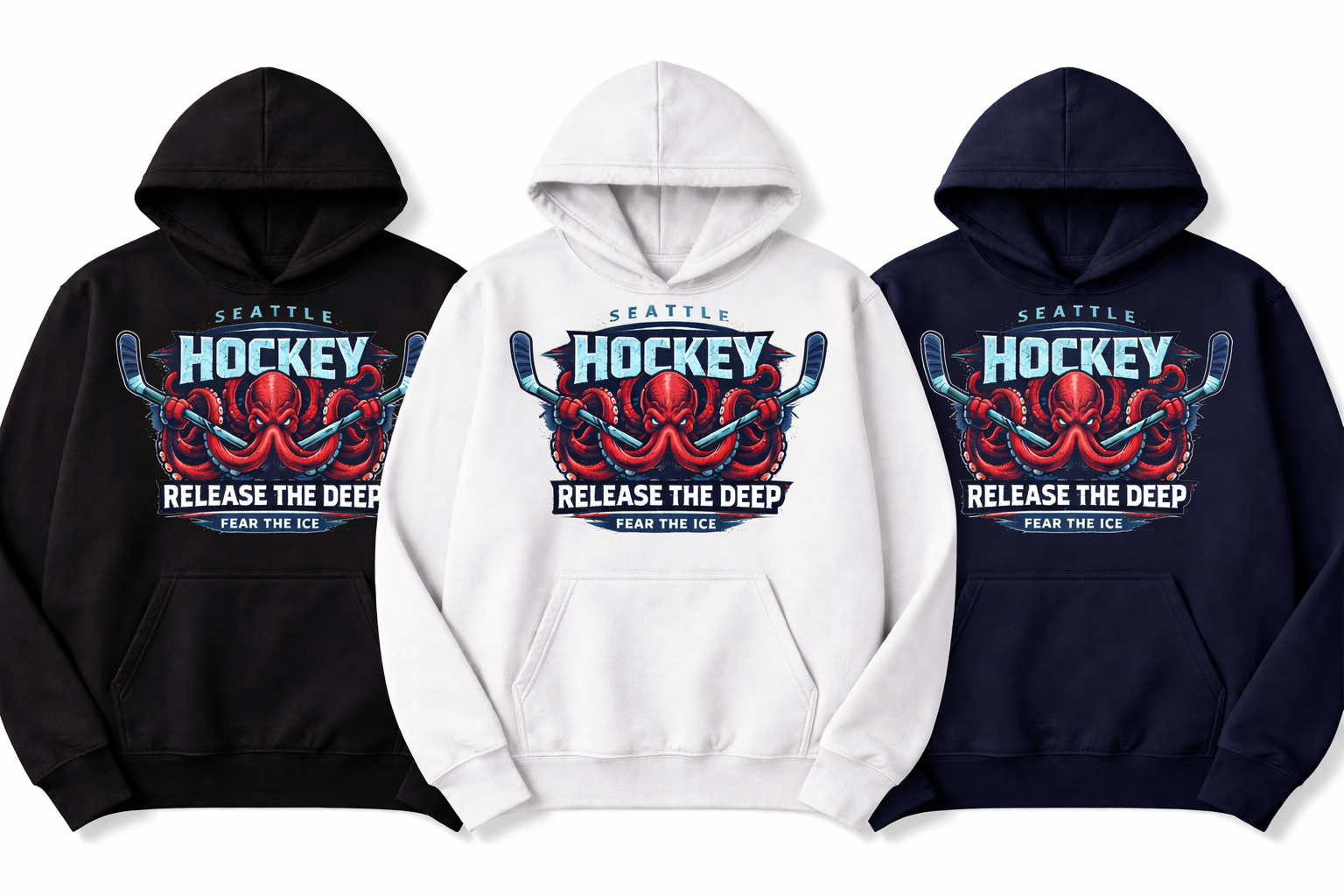 Unisex Seattle hockey hoodie in black, white, and navy from Press It Tees, showcasing the hoodie’s front design and color details.