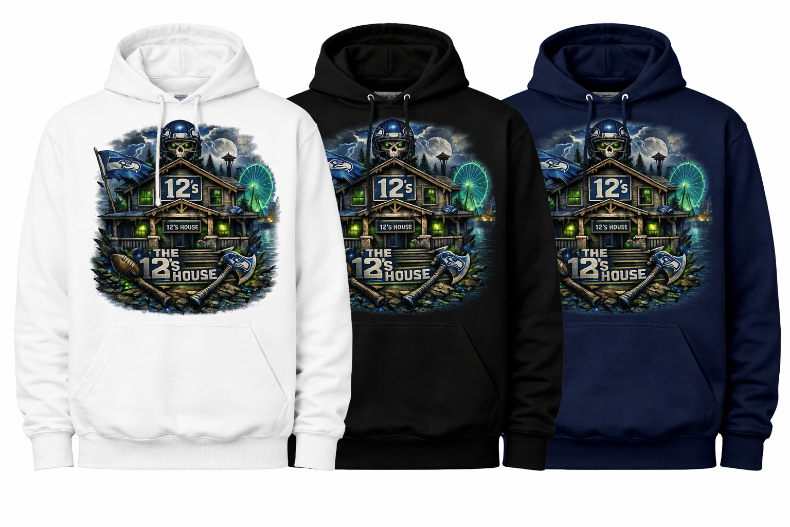 Unisex Seattle The 12s House hoodie by Press It Tees in black, white, and navy with a sports team design on the front.