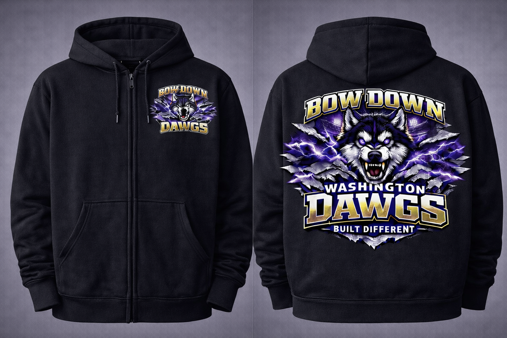 Black unisex Seattle Bow Down Dawgs full zip hoodie by Press It Tees, front and back view, casual streetwear clothing.
