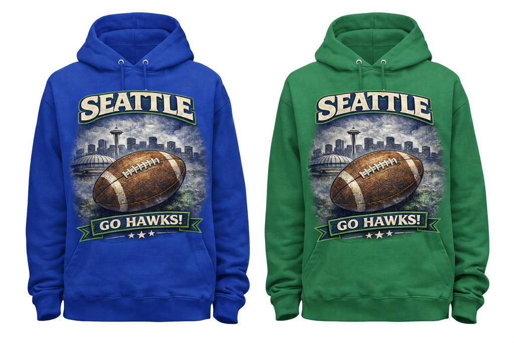 Unisex Seattle Vintage Football Hoodie in blue and green from Press It Tees, featuring a classic sports-inspired design.