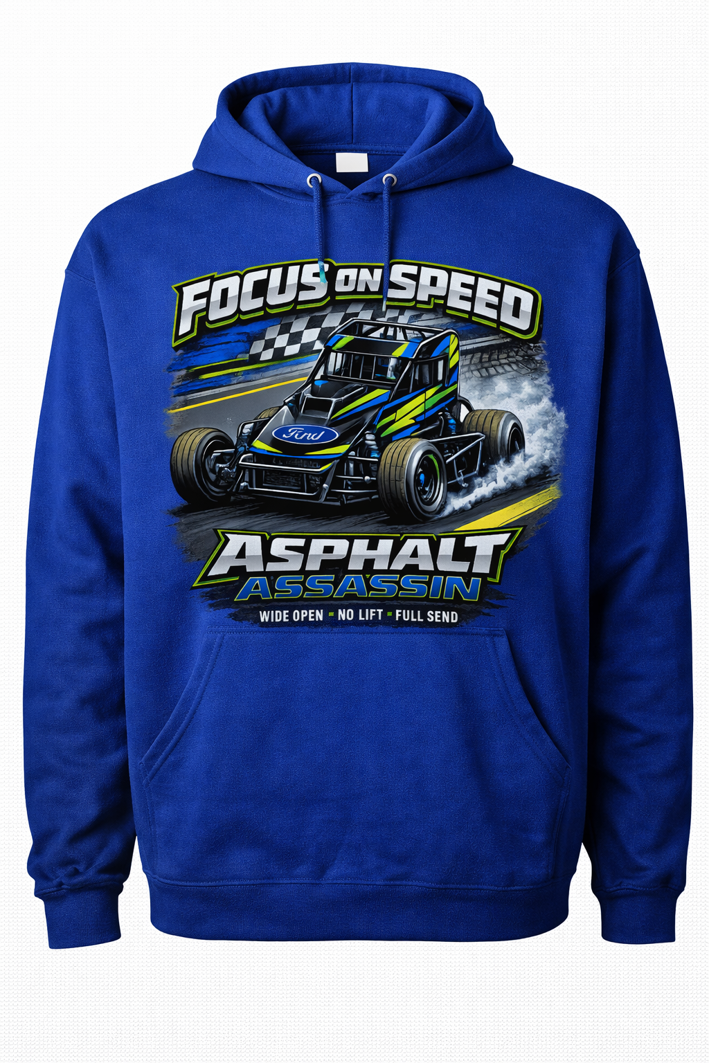 Blue Focus on Speed Racing Hoodie by Press It Tees, unisex casual clothing with a bold racing graphic on the front.