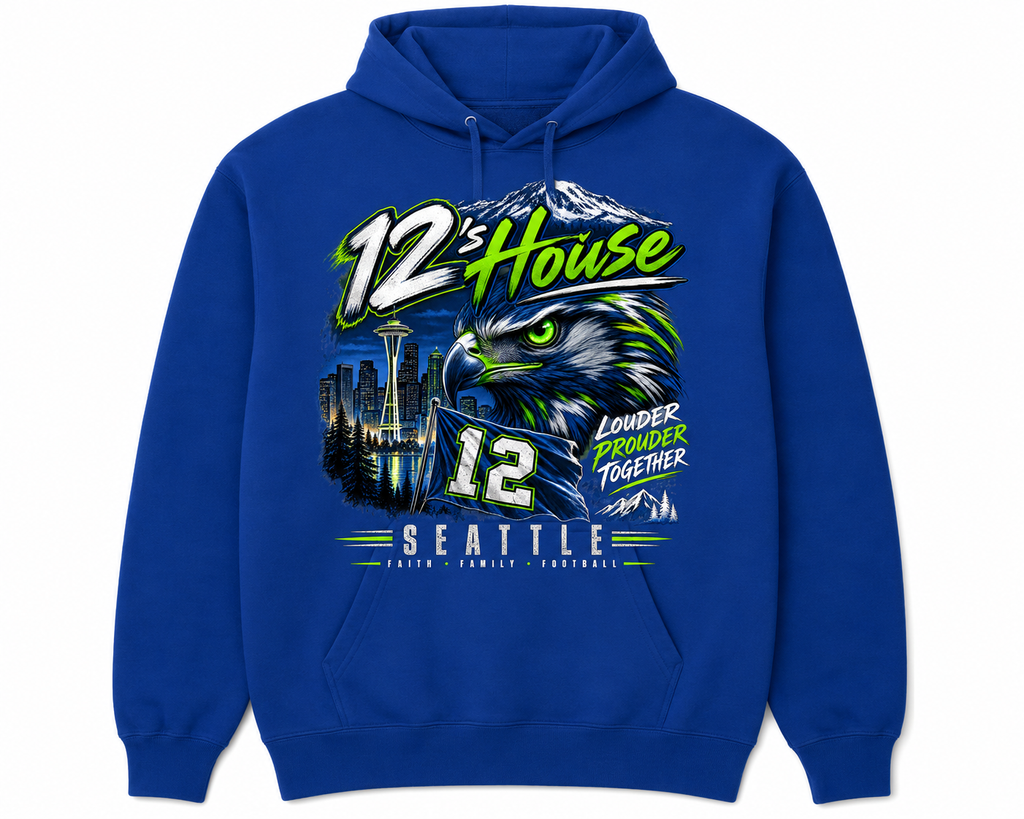 Blue Press It Tees unisex hoodie featuring a 12's House Louder Fan graphic design, casual clothing for fans of the music group.