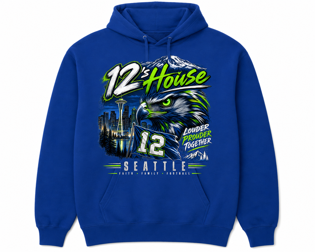 Blue Press It Tees unisex hoodie featuring a 12's House Louder Fan graphic design, casual clothing for fans of the music group.