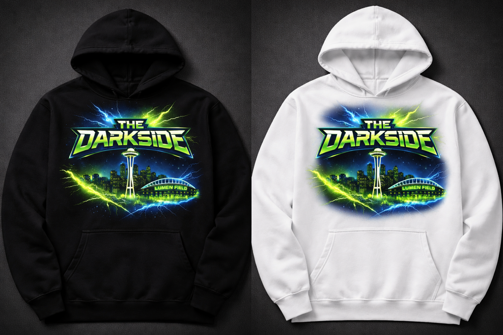 Black and white Seattle The Darkside unisex hoodie by Press It Tees, showing front view with logo design on the chest.