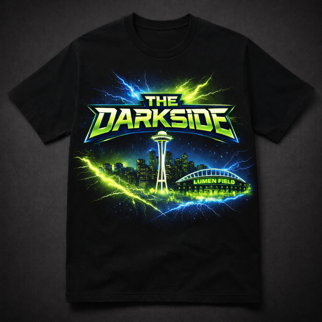 Unisex black Seattle Darkside short sleeve T-shirt by Press It Tees, featuring a graphic design on the front.