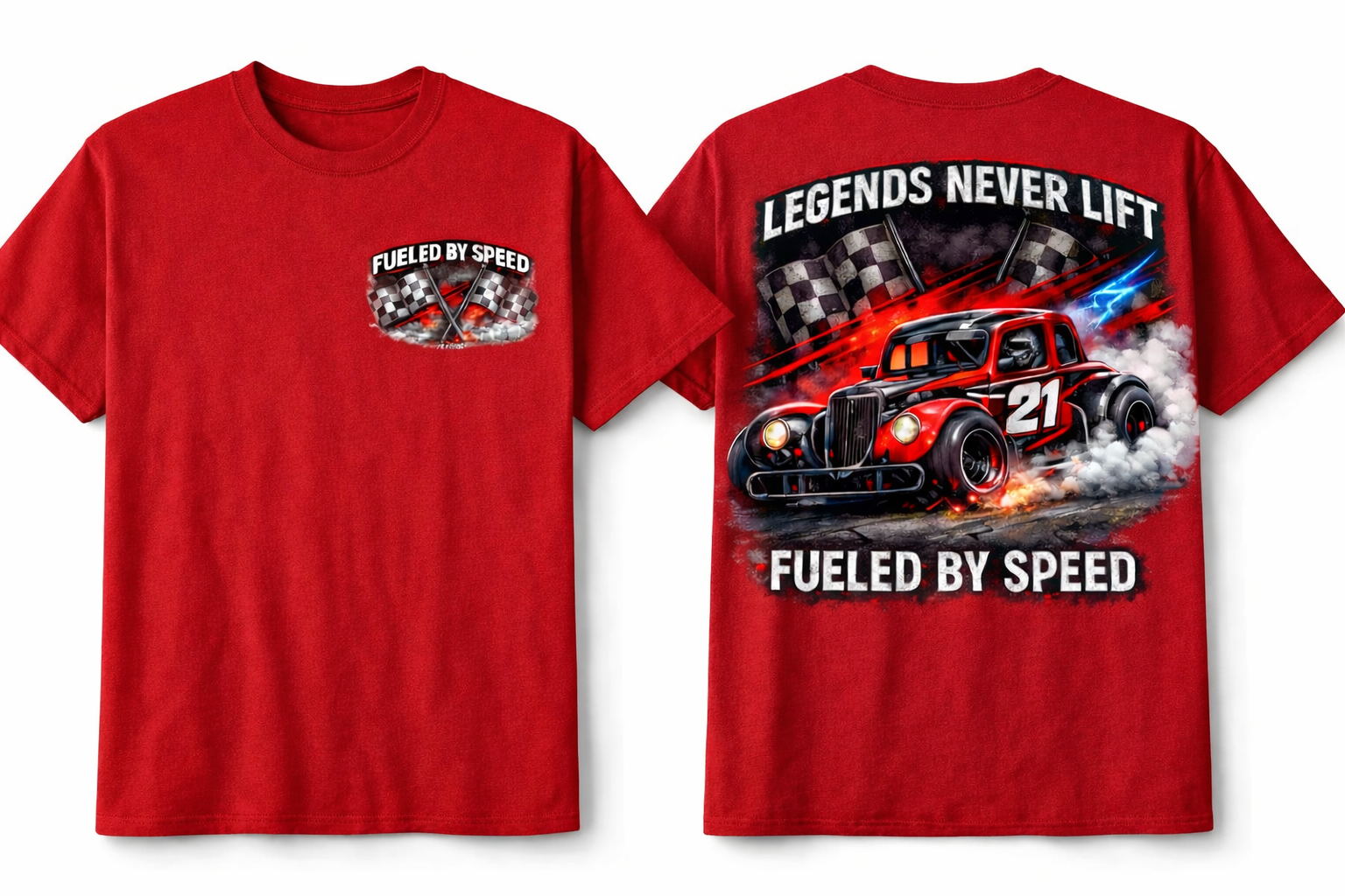 Red unisex racing T-shirt from Fueled By Speed Legends Never Lift collection by Press It Tees, featuring bold racing graphics.