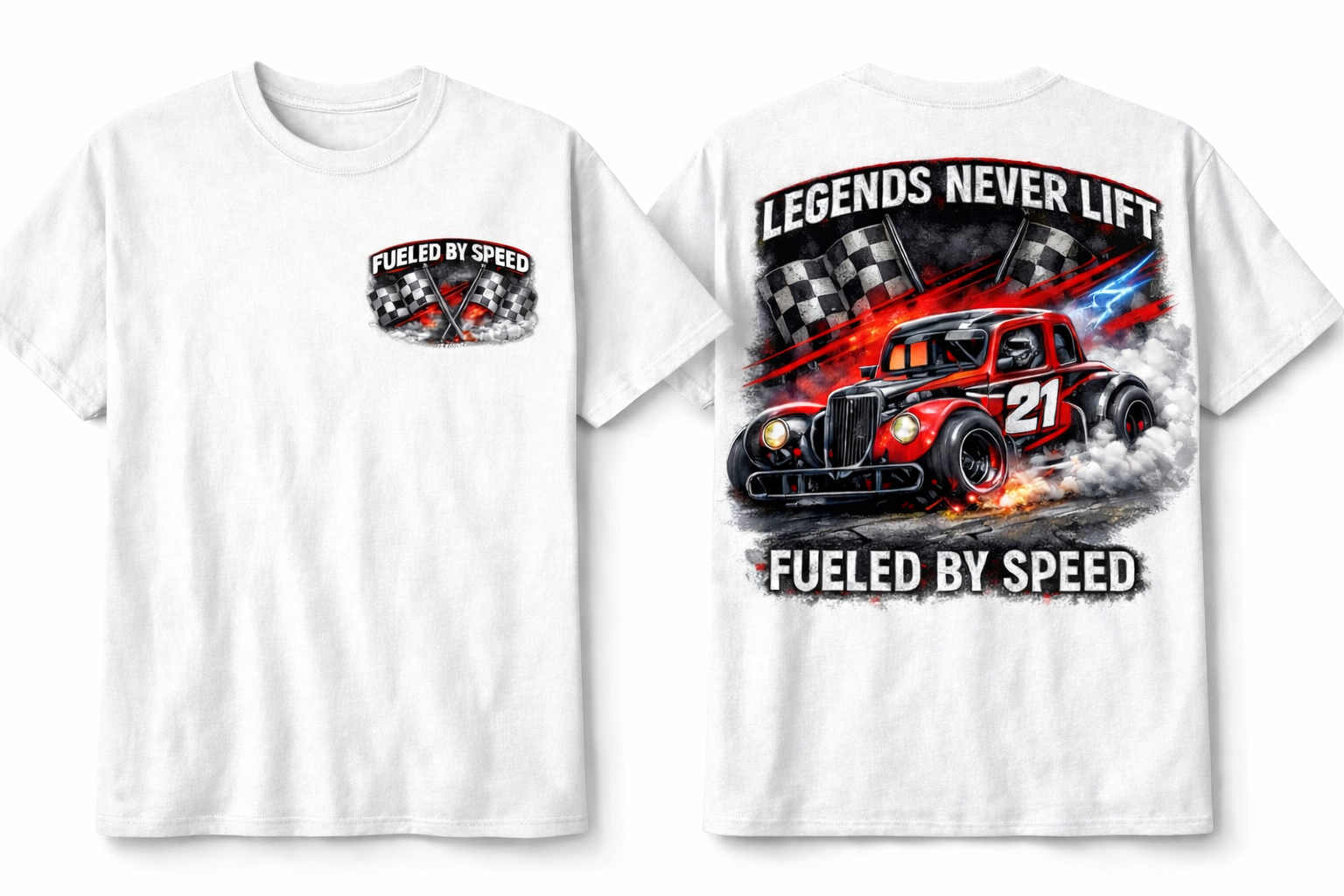 White unisex T-shirt from Fueled By Speed Legends Never Lift collection by Press It Tees, featuring racing-inspired design.