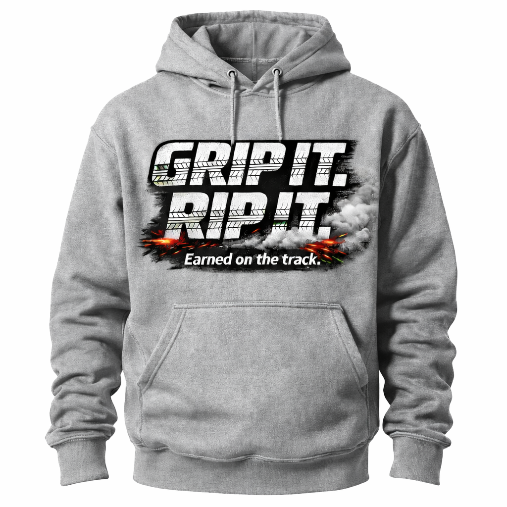 Gray Grip It Rip It unisex hoodie by Press It Tees, featuring a comfortable fit and casual style in the image.