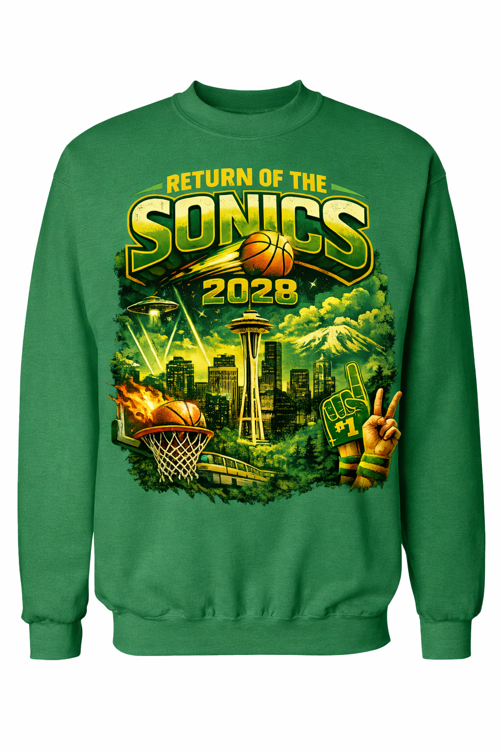 Green unisex crewneck sweatshirt featuring "Return of the Sonics" design by Press It Tees, casual clothing for fans.
