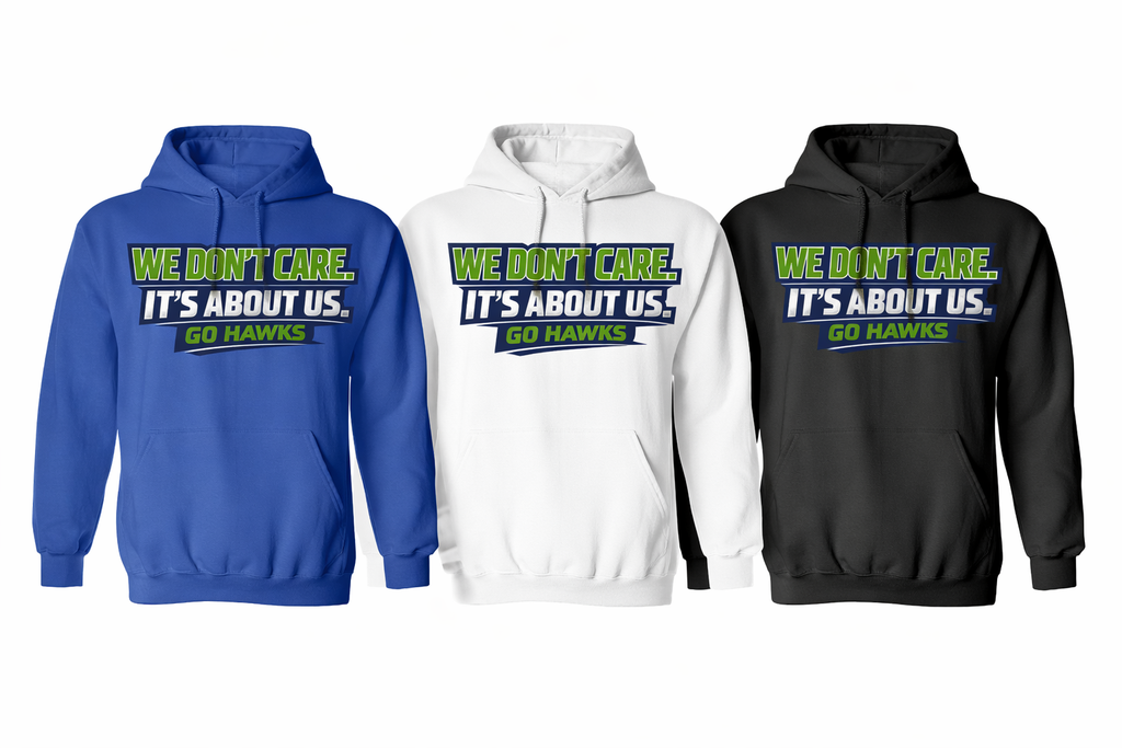 Unisex Seattle We Don't Care Hoodie by Press It Tees, casual clothing with a comfortable fit and printed slogan, front view.