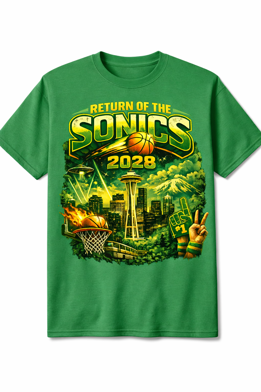 Kelly green Return of the Sonics unisex T-shirt from Press It Tees, short sleeve clothing with graphic design.