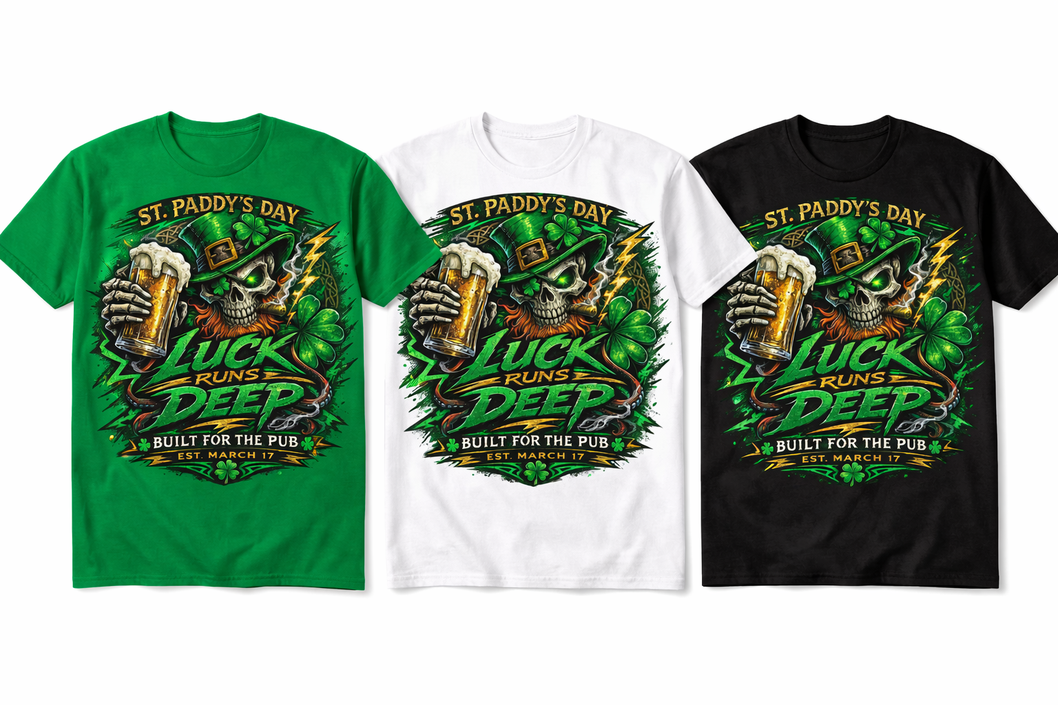 Kelly green, white, and black unisex T-shirt from Press It Tees featuring the "Luck Runs Deep" design.